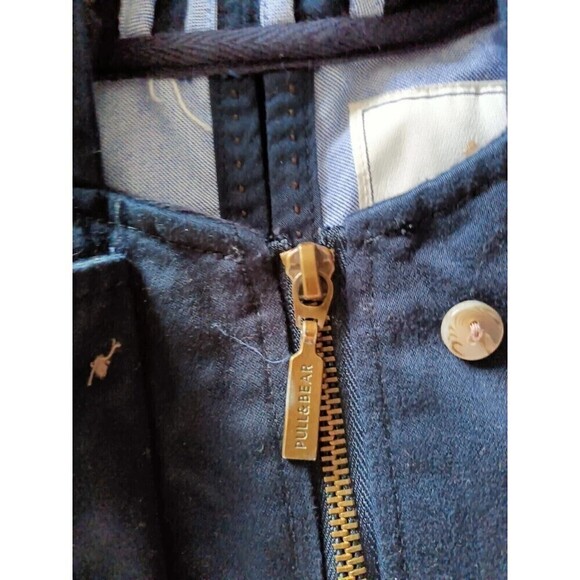 Pull & Bear Coat UK Medium US Size 8 Navy Blue Hooded Parka Zip Button Front - Picture 9 of 12